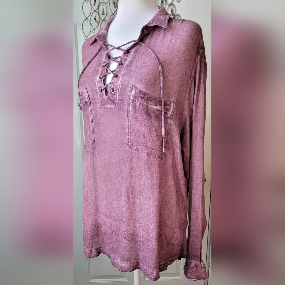 Rock & Republic Lace-Up V Neck High Low Tunic Womens XL Distressed Wine Long-sle - Picture 2 of 10